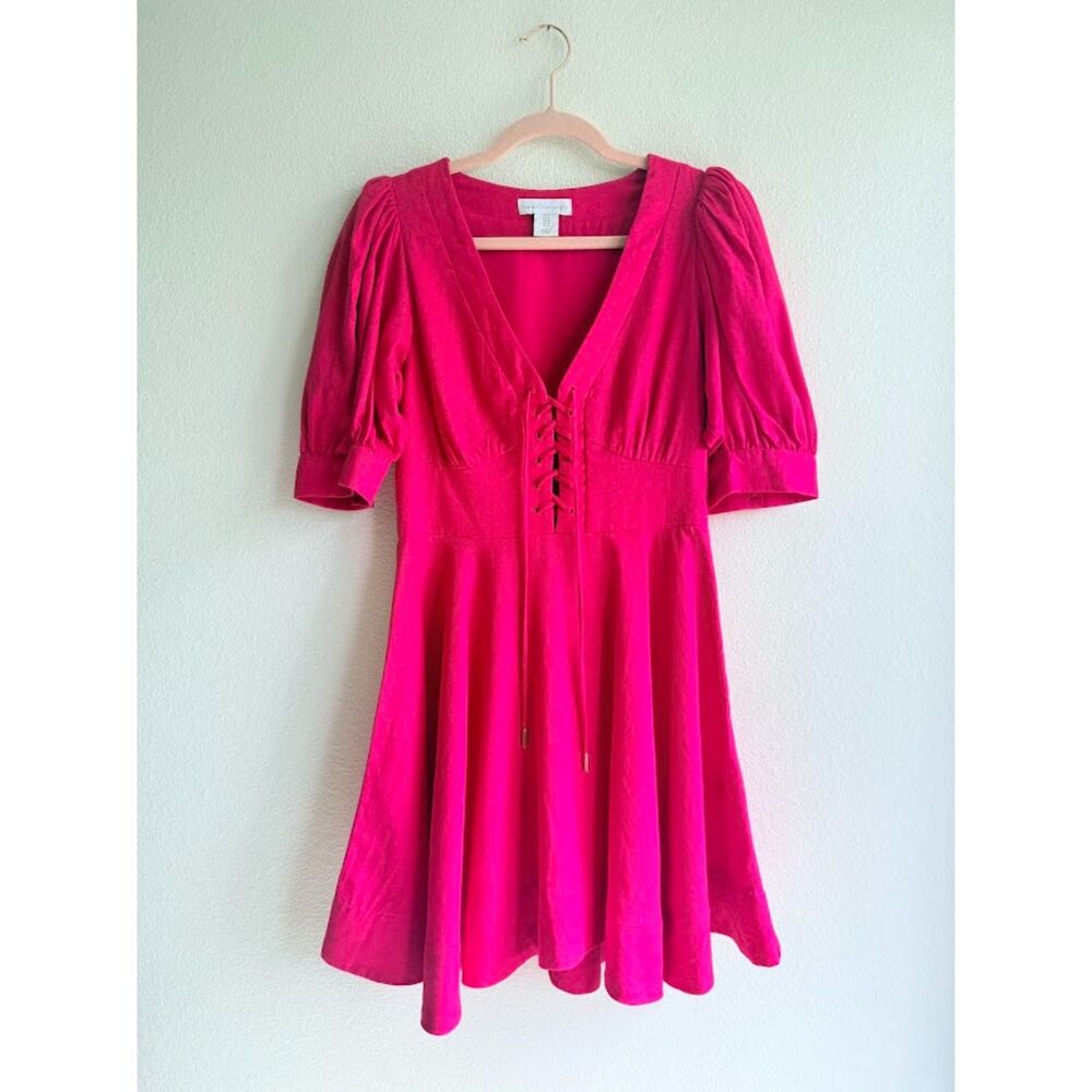 House of Harlow Linen Blend Lace-Up Puff Sleeve Mini Dress Fuchsia Pink size 4
